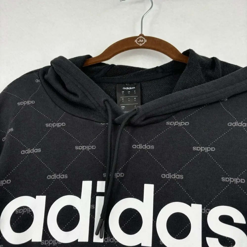Adidas Hooded Sweatshirt‎ Men's M Black White Allover Spellout Print Hoodie